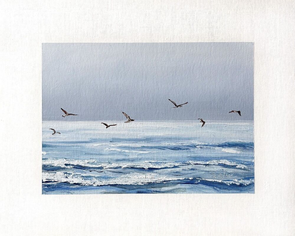 8x10 Original Oil Painting Seascape Birds in Flight Over Ocean Waves Art Signed